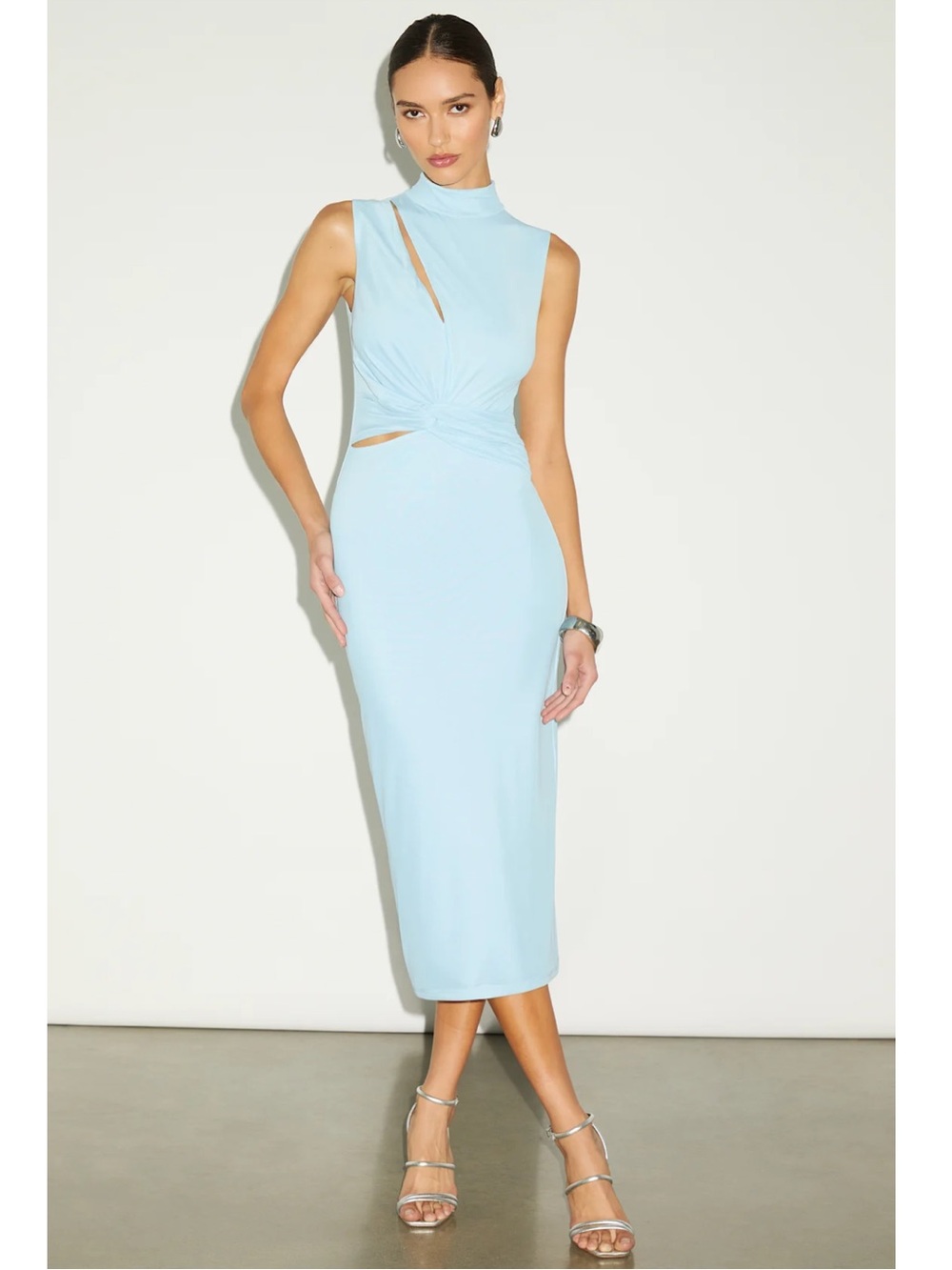 Lulus Kamara Light Blue Mesh Cutout Knotted Front Bodycon Midi Dress